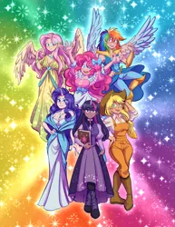 Size: 4204x5439 | Tagged: safe, artist:kemm01, derpibooru import, applejack, fluttershy, pinkie pie, rainbow dash, rarity, twilight sparkle, human, absurd resolution, arm behind head, bare shoulders, blackwashing, book, boots, breasts, cleavage, clothes, dress, female, hand on hip, horn, horned humanization, humanized, image, jpeg, light skin, looking at you, mane six, moderate dark skin, open mouth, open smile, overalls, rainbow background, shoes, smiling, smiling at you, winged humanization, wings