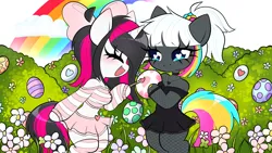 Size: 1920x1080 | Tagged: safe, artist:arwencuack, derpibooru import, oc, unofficial characters only, anthro, unguligrade anthro, unicorn, breasts, clothes, commission, duo, easter, easter bunny, easter egg, fishnets, holiday, horn, image, jewelry, midriff, necklace, png, socks, striped socks, ych result, your character here