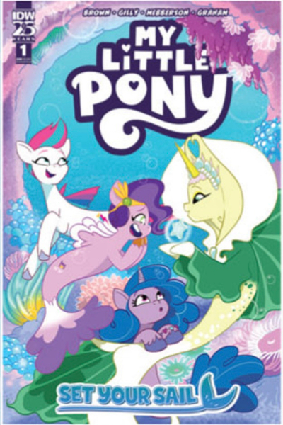 Size: 624x935 | Tagged: safe, derpibooru import, idw, official, izzy moonbow, pipp petals, unnamed character, zipp storm, pegasus, pony, seapony (g4), unicorn, g5, spoiler:comic, spoiler:g5comic, bubble, comic, comic cover, crepuscular rays, cute, dorsal fin, eyes closed, female, fin, fin wings, fins, fish tail, flowing mane, flowing tail, happy, high res, horn, image, jpeg, looking at each other, looking at someone, lowres, mare, my little pony logo, my little pony: set your sail, ocean, official comic, open mouth, open smile, pony history, royal sisters (g5), seaponified, seapony izzy moonbow, seapony pipp petals, seapony zipp storm, seaweed, set your sail, siblings, sisters, smiling, smiling at each other, species swap, sunlight, swimming, tail, underwater, water, wings