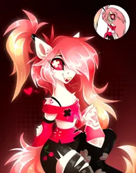 Size: 1575x2000 | Tagged: safe, artist:buvanybu, derpibooru import, monster pony, semi-anthro, background, belly, cherri bomb (hazbin hotel), clothes, fangs, freckles, gradient background, hazbin hotel, helluva boss, hoof fluff, human shoulders, image, jpeg, midriff, open mouth, pants, ponytail, raised hoof, red eyes, ripped pants, sharp teeth, shirt, slender, smiling, tattoo, teeth, thin, torn clothes