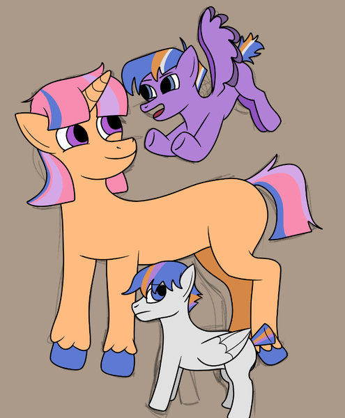 Size: 869x1054 | Tagged: safe, artist:dexterousdecarius, derpibooru import, oc, oc:harmonic melody, oc:shimmering shield, oc:starry night, pegasus, unicorn, brother and sister, brothers, colored wings, female, horn, image, jpeg, male, offspring, parent:flash sentry, parent:twilight sparkle, parents:flashlight, pegasus oc, siblings, sketch, twins, two toned wings, unicorn oc, unshorn fetlocks, wings