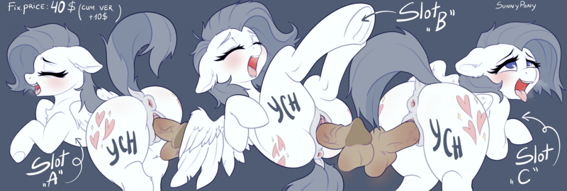 Size: 3301x1116 | Tagged: explicit, ai content, derpibooru import, edit, editor:sunnypony, machine learning assisted, oc, unofficial characters only, pegasus, pony, advertisement, anus, commission, disembodied penis, dock, doggy style, from behind, hybrid vagina, image, looking pleasured, multiple positions, nudity, penis, png, ponut, raised tail, sex, tail, your character here