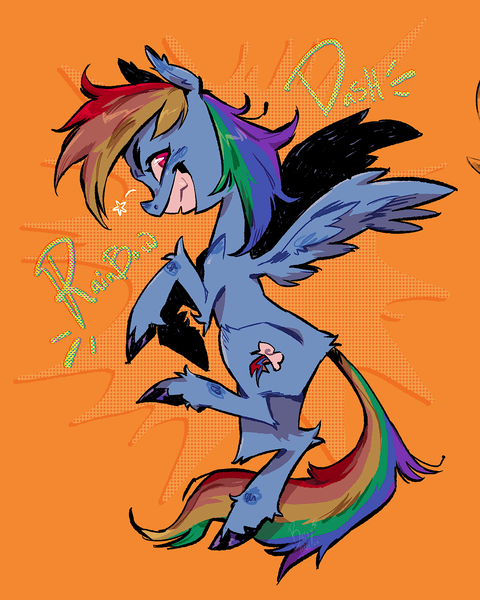 Size: 1080x1350 | Tagged: safe, artist:batzy-artz, artist:lagoartz, derpibooru import, rainbow dash, pegasus, pony, blue coat, blue text, butt fluff, colored eartips, colored hooves, countershading, ear fluff, ear tufts, emanata, eyelashes, fangs, female, flying, g4, image, leg fluff, long mane, long tail, looking back, mare, multicolored hair, narrowed eyes, orange background, pink eyes, png, profile, rainbow hair, rainbow tail, simple background, smiling, solo, spread wings, tail, text, thin, unshorn fetlocks, wingding eyes, wings