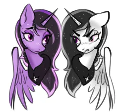 Size: 2835x2574 | Tagged: safe, artist:opalacorn, derpibooru import, oc, oc:starlight, unofficial characters only, alicorn, pony, bust, duality, frown, furrowed brow, image, jpeg, lidded eyes, looking at each other, looking at someone, simple background, white background