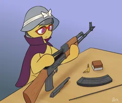Size: 3100x2600 | Tagged: safe, artist:zeroonesunray, derpibooru import, a.k. yearling, pegasus, pony, ak-47, assault rifle, female, gun, high res, image, mare, png, rifle, sitting, solo, weapon