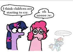Size: 1109x803 | Tagged: safe, artist:punkittdev, derpibooru import, pinkie pie, rainbow dash, twilight sparkle, twilight sparkle (alicorn), alicorn, earth pony, pegasus, pony, comic panel, dialogue, duo focus, female, frown, image, mare, png, simple background, speech bubble, trio, white background
