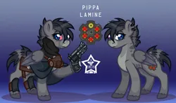 Size: 1700x1000 | Tagged: safe, artist:devorierdeos, derpibooru import, oc, oc:pippa lamine, unofficial characters only, pegasus, pony, fallout equestria, 10mm pistol, bag, black hair, blue eyes, cutie mark, female, gas mask, gradient background, gray coat, gun, handgun, image, injured, mare, mask, pegasus oc, png, raincoat, reference sheet, revolver, revolver drum, scavenger, solo, solo female, teenager, weapon, wings
