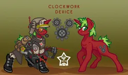 Size: 1700x1000 | Tagged: safe, artist:devorierdeos, derpibooru import, oc, oc:clockwork device, unofficial characters only, pony, unicorn, fallout equestria, clothes, cutie mark, gradient background, green eyes, green hair, helmet, horn, image, laser rifle, laser sight, male, military uniform, png, red coat, soldier pony, stallion, unicorn oc, uniform