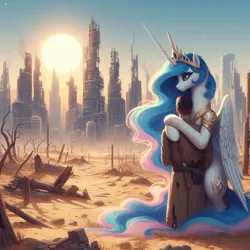 Size: 1024x1024 | Tagged: safe, ai content, anonymous prompter, derpibooru import, machine learning generated, princess celestia, alicorn, human, bipedal, city, cityscape, clothes, coat, dead tree, desert, generator:bing image creator, generator:dall-e 3, hug, image, jpeg, post-apocalyptic, sand, skyscraper, standing, standing on two hooves, tower, tree, trenchcoat, wrong cutie mark
