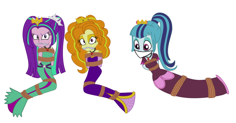 Size: 3728x1944 | Tagged: safe, artist:brightstar40k, derpibooru import, adagio dazzle, aria blaze, sonata dusk, human, equestria girls, bondage, bound and gagged, clothes, dress, g4, gag, image, long dress, long skirt, png, skirt, the dazzlings, tied up