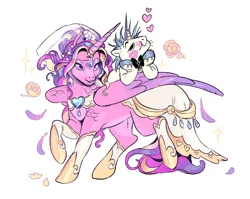 Size: 2238x1785 | Tagged: safe, artist:gorjee-art, derpibooru import, princess cadance, shining armor, alicorn, pony, unicorn, clothes, dress, duo, duo male and female, female, floating heart, flower, g4, heart, hoof on chin, horn, husband and wife, image, jewelry, kiss mark, large wings, larger female, lipstick, looking back, male, mare, meme, png, ponies riding ponies, riding, ring, ship:shiningcadance, shipping, simple background, size difference, smaller male, smiling, sparkles, stallion, straight, the bride and the ugly ass groom, wedding dress, wedding ring, white background, wings