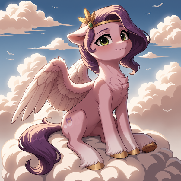 Size: 2048x2048 | Tagged: safe, ai content, derpibooru import, generator:autismmixpony, machine learning generated, prompter:adorablebluefox, stable diffusion, pipp petals, pegasus, pony, g5, adorapipp, blushing, cheek fluff, chest fluff, cloud, cloudy, colored hooves, crown, cute, ear fluff, feather, feathered fetlocks, feathered wings, female, floppy ears, fluffy, gold hooves, headband, high res, hoof fluff, hooves, image, jewelry, leg fluff, looking at you, mare, on a cloud, png, regalia, sitting, sitting on cloud, sky, smiling, solo, spread wings, sternocleidomastoid, tail, unshorn fetlocks, wings