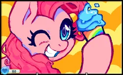 Size: 1362x836 | Tagged: safe, artist:catsupremacy, derpibooru import, pinkie pie, earth pony, pony, abstract background, animal jam, cupcake, food, grin, image, one eye closed, png, smiling, solo, teeth, wink