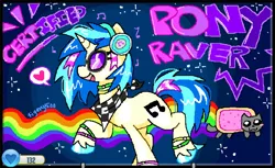 Size: 1362x836 | Tagged: safe, artist:tigery500, derpibooru import, vinyl scratch, cat, pony, unicorn, headphones, horn, image, nyan cat, open mouth, open smile, png, smiling, solo, space, text