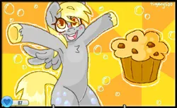 Size: 1362x836 | Tagged: safe, artist:tigery500, derpibooru import, derpy hooves, pegasus, pony, abstract background, animal jam, bubble, food, image, muffin, open mouth, open smile, png, smiling, solo