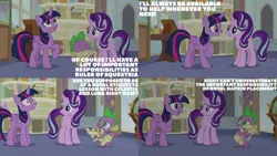 Size: 2000x1125 | Tagged: safe, derpibooru import, edit, edited screencap, editor:quoterific, screencap, spike, starlight glimmer, twilight sparkle, a horse shoe-in, image, png