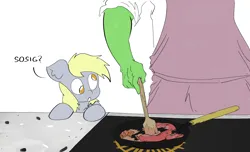 Size: 4800x2919 | Tagged: safe, artist:ponny, derpibooru import, derpy hooves, oc, oc:anon, human, pegasus, pony, colored, cooking, food, frying pan, image, meat, png, sausage, simple background, sosig, speech bubble, stove, text, white background, wooden spoon