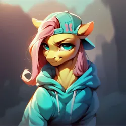 Size: 5120x5120 | Tagged: safe, ai content, derpibooru import, machine learning generated, prompter:enterusxrname, stable diffusion, fluttershy, pegasus, pony, absurd resolution, backwards ballcap, baseball cap, cap, clothes, generator:purplesmart.ai, hat, hoodie, image, jpeg, looking at you, outdoors, smiling, smirk, solo