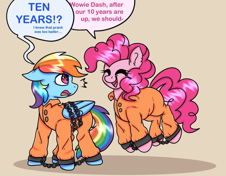 Size: 1348x1048 | Tagged: safe, artist:bluemoon, derpibooru import, pinkie pie, rainbow dash, earth pony, pegasus, pony, chained, chains, clothes, commissioner:rainbowdash69, cuffed, cuffs, duo, image, jpeg, jumpsuit, never doubt rainbowdash69's involvement, prison outfit, prisoner, prisoner pp, prisoner rd, shackles