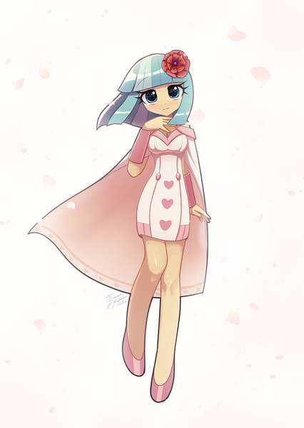 Size: 1000x1407 | Tagged: safe, artist:howxu, derpibooru import, coco pommel, anthro, cape, clothes, dress, image, png, simple background, solo, white background