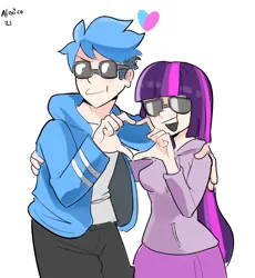 Size: 1040x1130 | Tagged: safe, artist:alexicoreborn, derpibooru import, twilight sparkle, human, clothes, crossover, crossover shipping, emanata, female, hand on shoulder, heart hands, humanized, image, jacket, jpeg, male, mordecai, mordetwi, regular show, shipping, signature, simple background, skirt, straight, sunglasses, sweater dress, white background