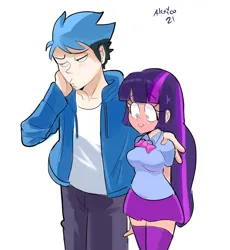 Size: 1040x1130 | Tagged: safe, artist:alexicoreborn, derpibooru import, twilight sparkle, human, blue hair, blushing, bowtie, clothes, crossover, crossover shipping, female, humanized, image, jacket, jpeg, male, mordecai, mordetwi, regular show, shipping, signature, simple background, skirt, socks, stockings, straight, thigh highs, white background