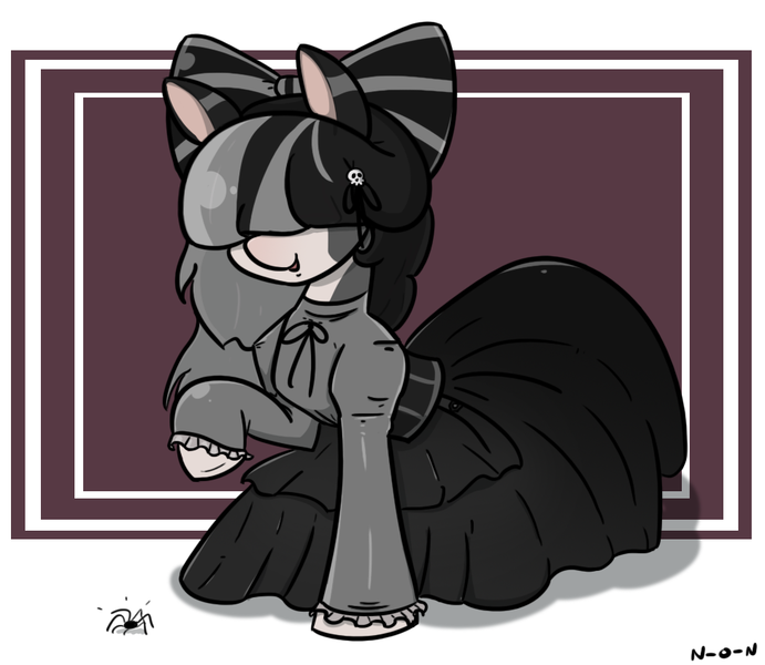 Size: 974x846 | Tagged: safe, artist:n-o-n, derpibooru import, oc, oc:lucy moonrise, oc:only, earth pony, pony, spider, bow, clothes, corset, dress, earth pony oc, goth, gothic, hair bow, image, png, simple background, solo