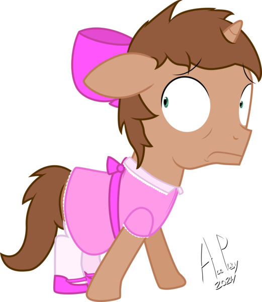 Size: 1581x1820 | Tagged: safe, artist:ace play, derpibooru import, oc, oc:heroic armour, unofficial characters only, pony, unicorn, bow, clothes, colt, commissioner:peternators, crossdressing, dress, floppy ears, foal, g4, hair bow, horn, image, male, png, simple background, socks, solo, transparent background, unicorn oc, vector, worried