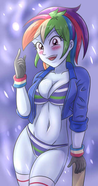 Size: 1756x3307 | Tagged: suggestive, artist:sumin6301, derpibooru import, rainbow dash, human, equestria girls, 2d, belly button, blushing, breasts, busty rainbow dash, cleavage, clothes, female, g4, gloves, image, jacket, jpeg, legs, looking at you, midriff, open mouth, open smile, panties, smiling, smiling at you, socks, striped bra, striped panties, striped underwear, thigh highs, thighs, underwear, wristband