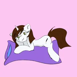 Size: 4096x4096 | Tagged: safe, artist:riley_draws_, derpibooru import, oc, oc:brittneigh ackermane, pony, unicorn, body pillow, brown hair, brown mane, female, female oc, horn, image, lying down, pillow, pink background, png, prone, simple background, staring at you, unicorn oc