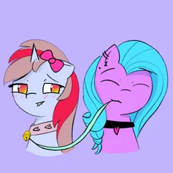 Size: 4096x4096 | Tagged: safe, artist:riley_draws_, derpibooru import, oc, oc:cinnamon lightning, oc:evening skye, pegasus, pony, unicorn, bell, bell collar, blue mane, blushing, bow, collar, ear piercing, earring, hair bow, horn, image, jewelry, leash, pegasus oc, piercing, png, purple background, simple background, unicorn oc, wings