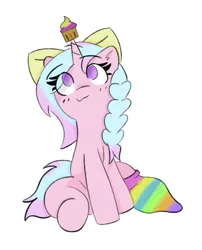 Size: 3104x3836 | Tagged: safe, artist:riley_draws_, derpibooru import, oc, oc:cupcake swirl, unofficial characters only, pony, unicorn, bow, braid, clothes, colored, colorful, cupcake, digital art, food, hair bow, happy, horn, image, looking up, pink pony, png, purple eyes, simple background, sitting, smiling, sock, socks, solo, unicorn oc, white background