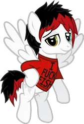 Size: 932x1378 | Tagged: safe, artist:lightningbolt, derpibooru import, ponified, pegasus, pony, .svg available, awsten knight, clothes, derpibooru exclusive, dyed mane, dyed tail, flying, heterochromia, hoof on hip, image, lidded eyes, looking at you, male, png, shirt, show accurate, simple background, solo, spread wings, stallion, t-shirt, tail, transparent background, vector, vulgar, waterparks, wings