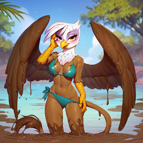 Size: 6144x6144 | Tagged: suggestive, ai content, derpibooru import, machine learning generated, prompter:pzkratzer, stable diffusion, gilda, anthro, adorasexy, bikini, breasts, butt, clothes, cute, dirty, gildonk, image, mud, mud bath, muddy, png, quicksand, sexy, solo, standing, stupid sexy gilda, submerged, swamp, swimsuit, underwear