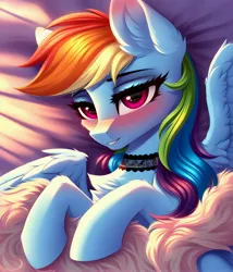 Size: 3429x4000 | Tagged: safe, ai content, derpibooru import, machine learning generated, prompter:midnightdashie, stable diffusion, rainbow dash, pegasus, pony, bed, bedroom eyes, blushing, chest fluff, choker, female, fluffy, g4, generator:pony diffusion v6 xl, high res, image, jpeg, shy, solo, spread wings, teeth, wings