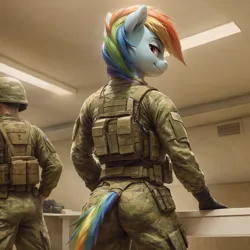 Size: 2048x2048 | Tagged: suggestive, ai content, derpibooru import, machine learning generated, prompter:jasedward, rainbow dash, anthro, human, pony, clothes, image, looking at you, military uniform, png, smug, soldier, uniform