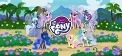 Size: 1666x768 | Tagged: safe, derpibooru import, official, fluttershy, princess cadance, princess celestia, princess flurry heart, princess luna, starlight glimmer, trixie, breezie, pegasus, pony, breeziefied, female, g4, game screencap, gameloft, image, loading screen, mare, my little pony logo, my little pony: magic princess, one of these things is not like the others, png, species swap, video game