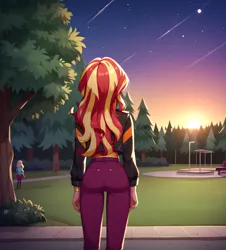 Size: 2960x3280 | Tagged: safe, ai content, derpibooru import, machine learning generated, prompter:thismaybeyou, stable diffusion, sunset shimmer, human, equestria girls, equestria girls series, sunset's backstage pass!, spoiler:eqg series (season 2), butt, forest, forest background, from behind, g4, generator:pony diffusion v6 xl, high res, image, nature, park, png, scenery, sky, solo, stars, sunset, tree