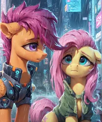 Size: 1000x1200 | Tagged: safe, ai content, derpibooru import, machine learning generated, prompter:star-dragon, stable diffusion, fluttershy, scootaloo, pegasus, pony, city, cyberpunk, duo, ear fluff, female, floppy ears, fluffy, g4, generator:pony diffusion v6 xl, image, mare, neck fluff, neon, night, older, older scootaloo, png, rain, sternocleidomastoid