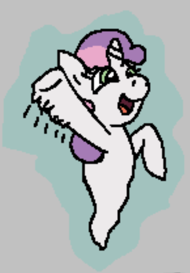 Size: 383x549 | Tagged: safe, artist:realdash, derpibooru import, sweetie belle, ghost, ghost pony, pony, undead, unicorn, aggie.io, aura, cute, diasweetes, female, filly, foal, happy, horn, image, implied anon, motion lines, offscreen character, pixel art, png, smiling, solo, spooky belle, waving