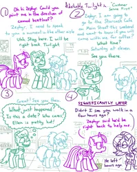 Size: 4779x6013 | Tagged: safe, artist:adorkabletwilightandfriends, derpibooru import, starlight glimmer, twilight sparkle, twilight sparkle (alicorn), zephyr breeze, oc, oc:ellen, alicorn, comic:adorkable twilight and friends, adorkable, adorkable twilight, basket, clothes, comic, customer service, cute, date, denim, dork, excited, grocery store, happy, image, jeans, looking at each other, looking at someone, pants, png, shirt, shopping, smiling, smiling at each other, store, waiting, walking