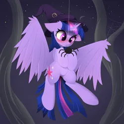 Size: 2000x2000 | Tagged: safe, artist:posionjoke, derpibooru import, twilight sparkle, twilight sparkle (alicorn), alicorn, pony, blushing, eyebrows, female, flying, g4, halloween, hat, high res, holiday, horn, image, looking at something, mare, night, night sky, outdoors, png, sky, solo, spider web, spooky, spread wings, stars, tree branch, wings, witch hat