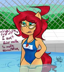 Size: 1336x1520 | Tagged: safe, artist:spk, ponerpics import, ponybooru import, oc, oc:vivian cereza, unofficial characters only, anthro, clothes, dialogue, image, jpeg, swimsuit, water