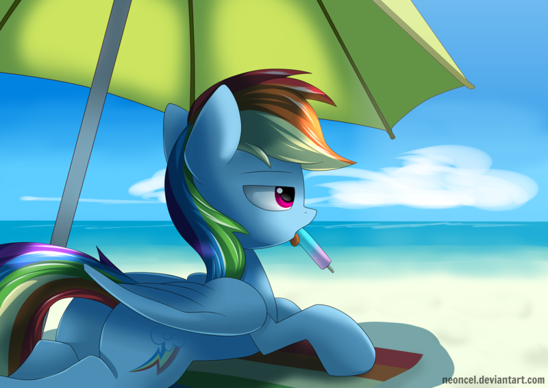 Size: 4500x3181 | Tagged: safe, artist:neoncel, derpibooru import, rainbow dash, pegasus, pony, beach, butt, cloud, eyebrows, female, folded wings, food, high res, image, licking, lidded eyes, lying down, mare, open mouth, outdoors, plot, png, popsicle, prone, sky, solo, sploot, tail, tongue out, umbrella, water, wings