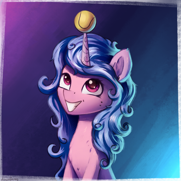 Size: 4000x4000 | Tagged: safe, artist:adagiostring, artist:adagiostringmlp, derpibooru import, izzy moonbow, pony, unicorn, g5, absurd resolution, ball, commission, cute, female, gradient background, grin, horn, horn impalement, hornball, image, izzy's tennis ball, izzybetes, looking up, mare, png, smiling, solo, tennis ball