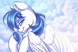 Size: 2560x1710 | Tagged: safe, artist:amishy, derpibooru import, oc, unofficial characters only, pegasus, pony, cloud, cloudy, image, jpeg, looking at you, looking back, looking back at you, not shining armor, smiling, smiling at you, solo, underhoof, unshorn fetlocks