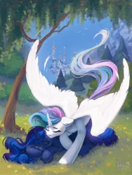Size: 1920x2560 | Tagged: safe, artist:amishy, derpibooru import, princess celestia, princess luna, alicorn, pony, canterlot castle, duo, duo female, eyes closed, female, g4, grass, high res, horn, image, jpeg, lying down, mare, outdoors, prone, royal sisters, siblings, sisters, spread wings, tree, wings