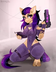 Size: 1694x2175 | Tagged: suggestive, artist:buvanybu, derpibooru import, oc, unofficial characters only, anthro, unguligrade anthro, bomb, clothes, female, gun, handgun, image, leotard, looking at you, pistol, png, solo, solo female, weapon