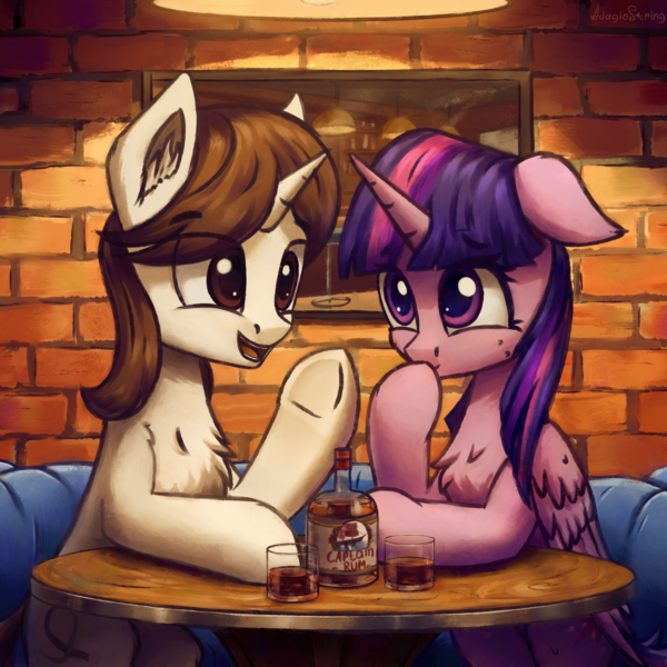 Size: 3000x3000 | Tagged: safe, artist:adagiostring, derpibooru import, twilight sparkle, twilight sparkle (alicorn), oc, oc:phaidon, alicorn, pony, unicorn, alcohol, bar, canon x oc, chest fluff, commission, commissioner:lahirien, couple, drink, duo, duo male and female, eye clipping through hair, eyebrows, eyebrows visible through hair, female, floppy ears, folded wings, g4, glass, high res, horn, image, indoors, male, mare, open mouth, open smile, png, rum, shading, shipping, sitting, smiling, stallion, straight, table, underhoof, unicorn oc, wings