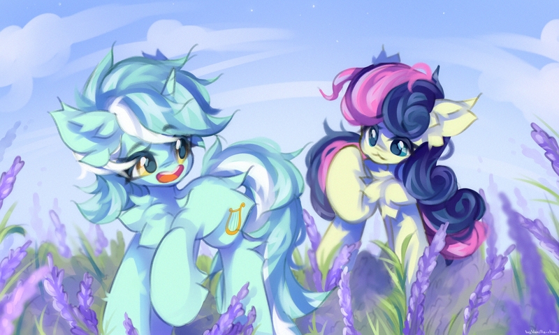 Size: 2560x1536 | Tagged: safe, artist:vanilla-chan, artist:vanilla_pie_2, derpibooru import, bon bon, lyra heartstrings, sweetie drops, earth pony, pony, unicorn, adorabon, chest fluff, cute, duo, duo female, ear fluff, eyebrows, eyebrows visible through hair, female, field, flower, fluffy, g4, grass, happy, horn, image, jpeg, lesbian, looking at each other, looking at someone, looking back, lyrabetes, lyrabon, mare, open mouth, open smile, outdoors, raised hoof, shipping, sky, smiling